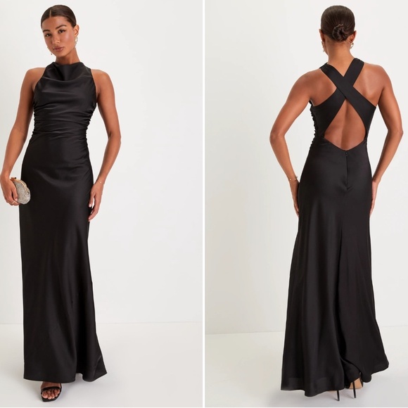 LULU's Elegant Sophisticated Chic Sexy Modest Satin High Neck Sophisticated Maxi - Picture 1 of 4